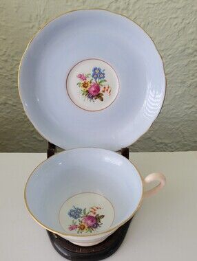 Copelands Grosvenor China Teacup and Saucer Pastel Blue Floral Bouquet England
